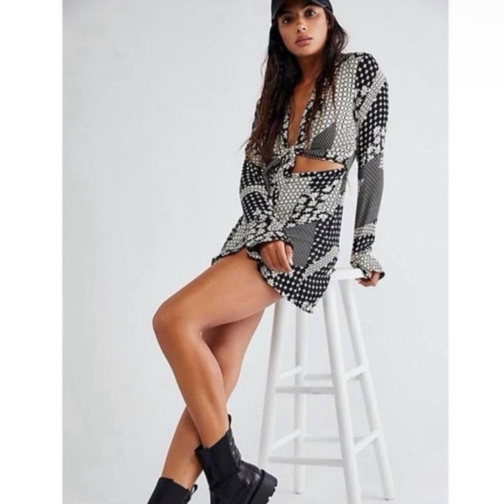 Free People Mika Black and Cream Patterned Dress